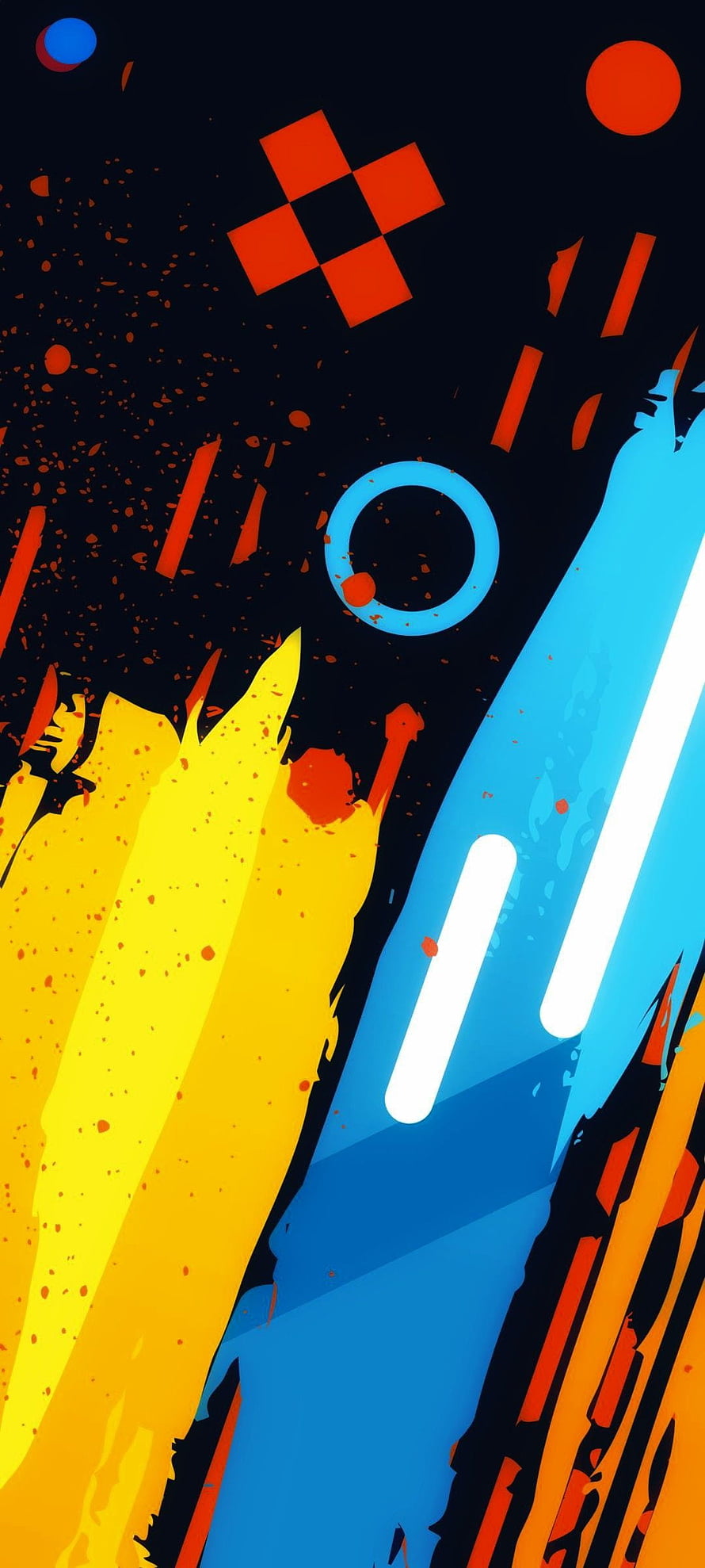 Vibrant Abstract Geometric Art with Bold Yellow and Blue Brush Strokes on Dark Background HD phone wallpaper