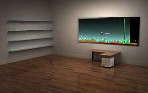 Modern minimalist office room with wall-mounted widescreen monitor displaying pixel art game scene HD wallpaper