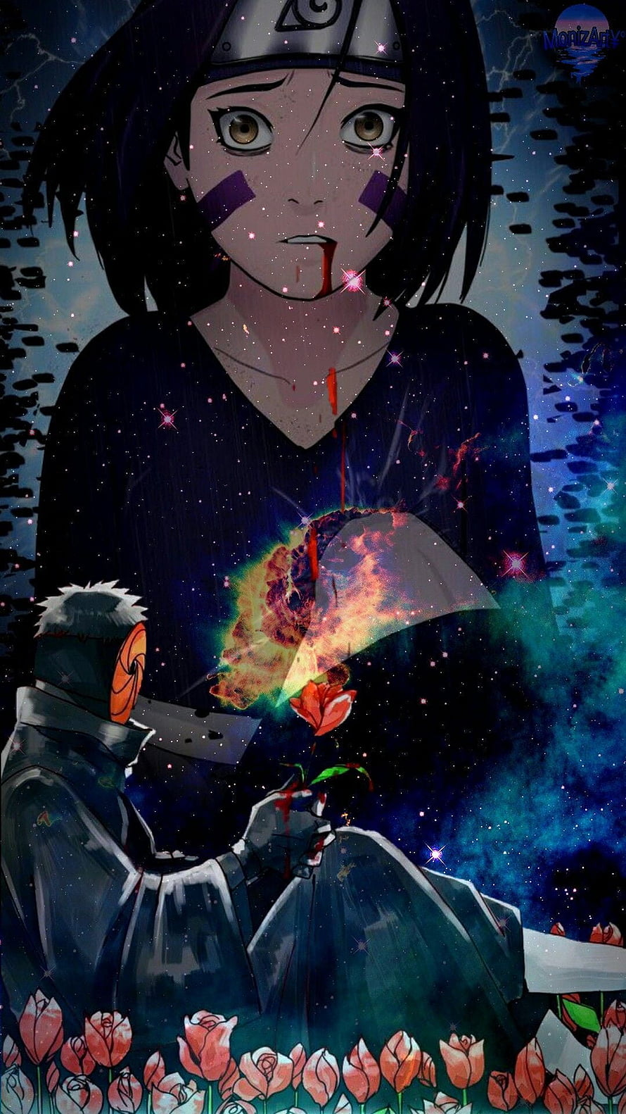Naruto Obito and Rin Anime Artwork with Red Roses and Cosmic Background HD phone wallpaper