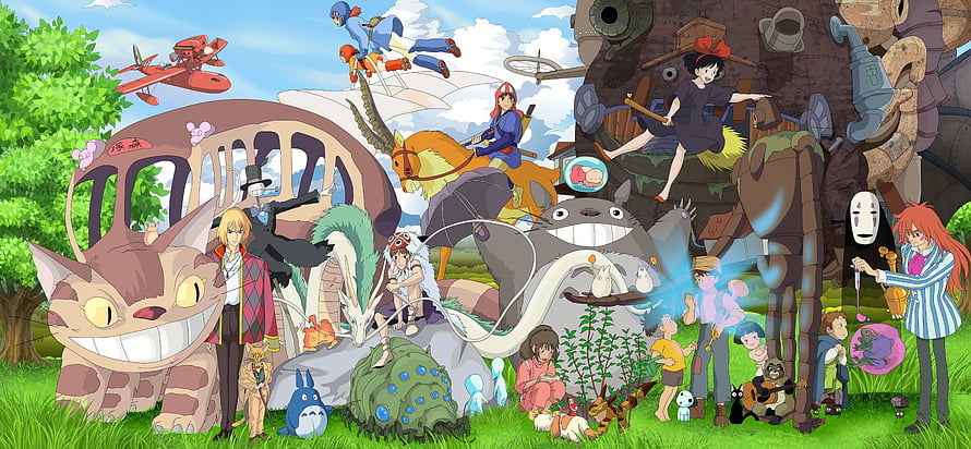 Studio Ghibli Character Collection Featuring Totoro, Catbus, and No-Face in a Vibrant Grassland HD wallpaper