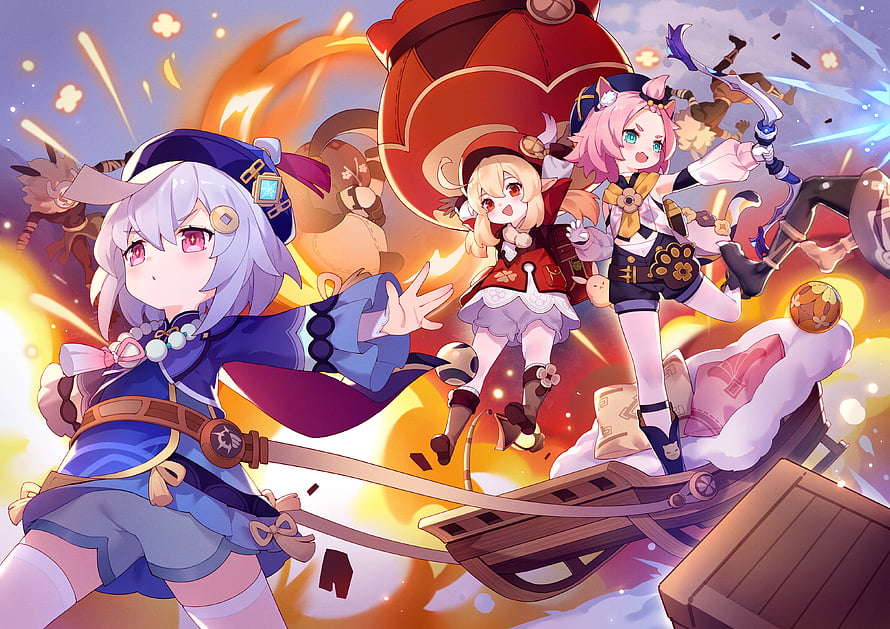 Genshin Impact Qiqi Klee and Diona Dynamic Action Illustration HD wallpaper