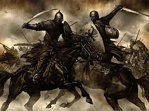Medieval Knights in Epic Horseback Combat with Swords and Shields HD wallpaper