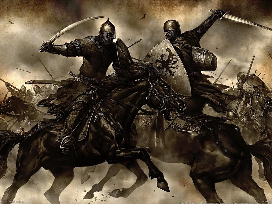 Medieval Knights in Epic Horseback Combat with Swords and Shields HD wallpaper