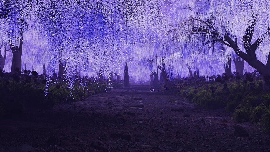 Demon Slayer Wisteria Forest Scene with Purple Blooms and Dark Path HD wallpaper