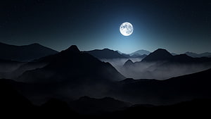 Full Moon Rising Over Misty Mountain Ranges Under a Starry Night Sky HD wallpaper