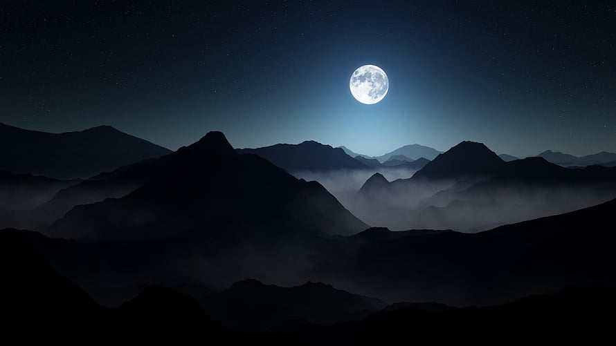 Full Moon Rising Over Misty Mountain Ranges Under a Starry Night Sky HD wallpaper
