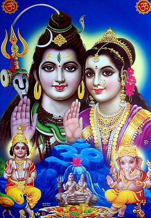 Lord Shiva and Goddess Parvati with Ganesha and Kartikeya in a Divine Family Portrait HD phone wallpaper