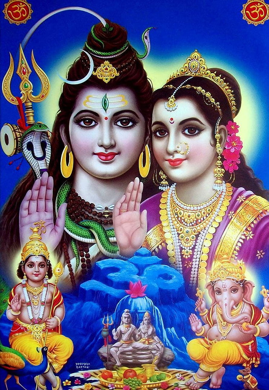 Lord Shiva and Goddess Parvati with Ganesha and Kartikeya in a Divine Family Portrait HD phone wallpaper