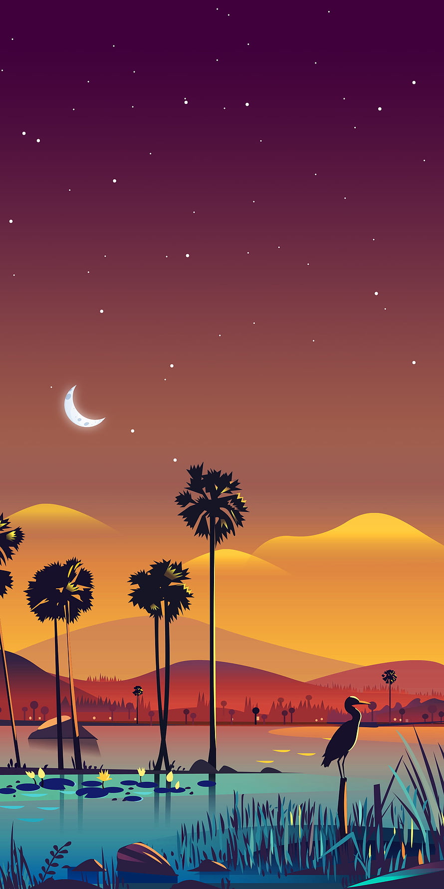 Tropical Night Landscape with Palm Trees, Heron, and Crescent Moon HD phone wallpaper