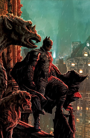 The Batman Perched on Gargoyle in Rainy Gotham City Night, The Batman, Robert Pattinson, joker, DC comics, DC universe HD phone wallpaper