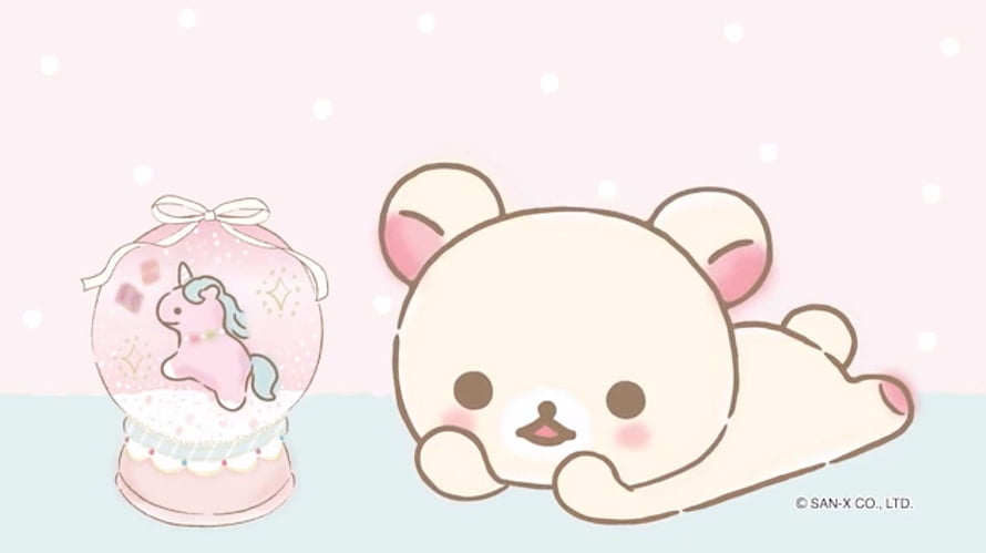 Korilakkuma Lying Down Next to a Pink Unicorn Snow Globe on a Soft Pastel Background HD wallpaper