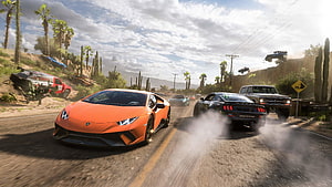 Forza Horizon 5 Desert Racing Scene With Orange Lamborghini And Ford Mustang HD wallpaper