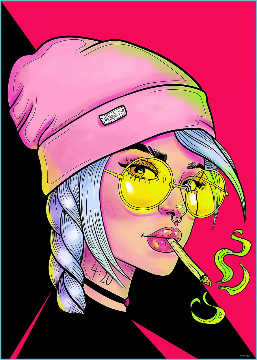Stoner Girl Pop Art Illustration with Beanie and Yellow Sunglasses HD phone wallpaper