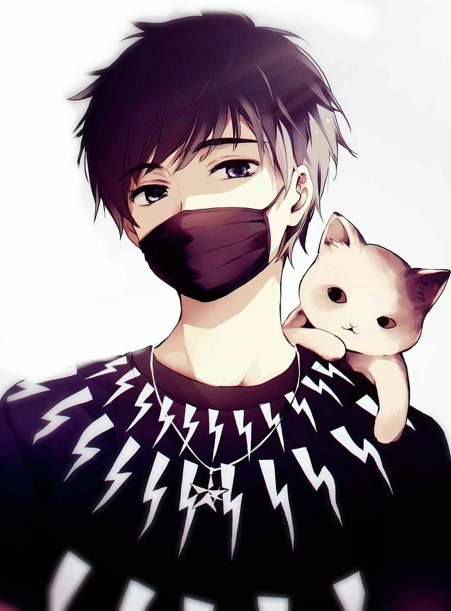 Anime Boy With Face Mask And Kitten On Shoulder HD phone wallpaper