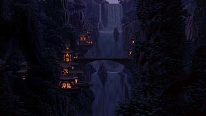 Pixel Art Fantasy Village with Waterfall and Bridge at Night HD wallpaper