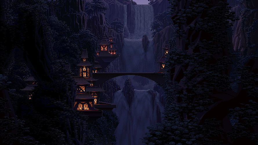 Pixel Art Fantasy Village with Waterfall and Bridge at Night HD wallpaper