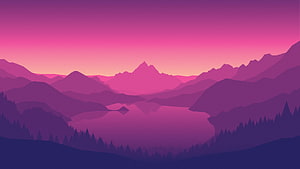 Firewatch Stylized Mountain Lake Landscape with Pink Sunset Sky and Pine Forest Silhouettes HD wallpaper