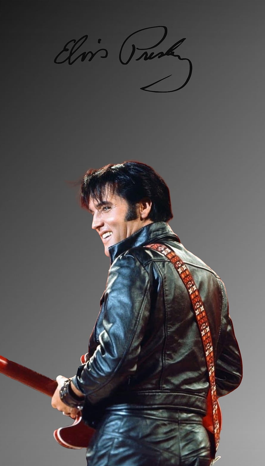 Elvis Presley in Black Leather Jacket Holding Electric Guitar on Stage HD phone wallpaper