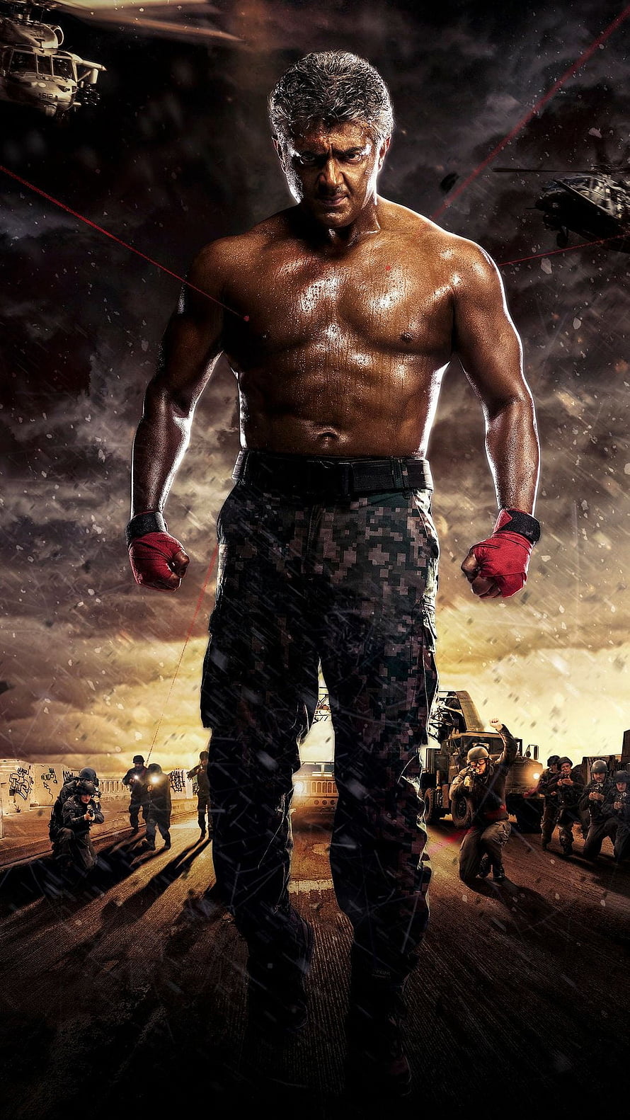 Ajith Kumar as Vivegam in intense military action scene with soldiers and helicopters HD phone wallpaper