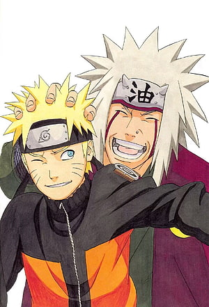 Naruto and Jiraiya Sharing a Playful Moment in Classic Anime Style HD phone wallpaper