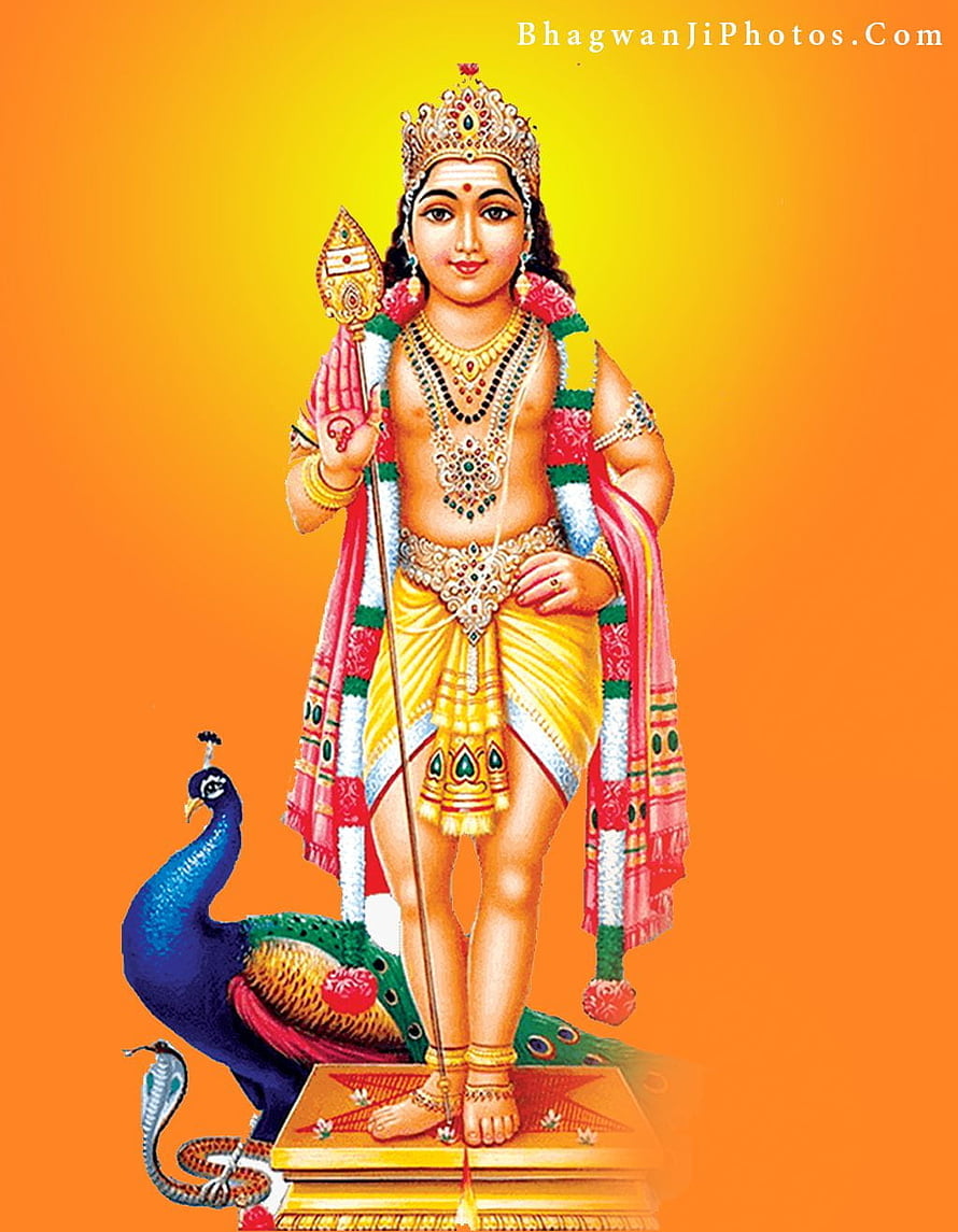 Lord Murugan Standing with Vel and Peacock on Golden Pedestal HD phone wallpaper