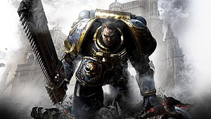 Warhammer 40,000 Space Marine in Heavy Power Armor Wielding a Power Sword Amidst Gothic Ruins HD wallpaper