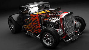 Custom Hot Rod with Flame Paint and Exposed V8 Engine on Dark Studio Background HD wallpaper
