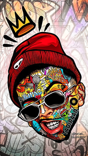 MC Stan Graffiti Portrait Illustration with Red Beanie and Sunglasses HD phone wallpaper