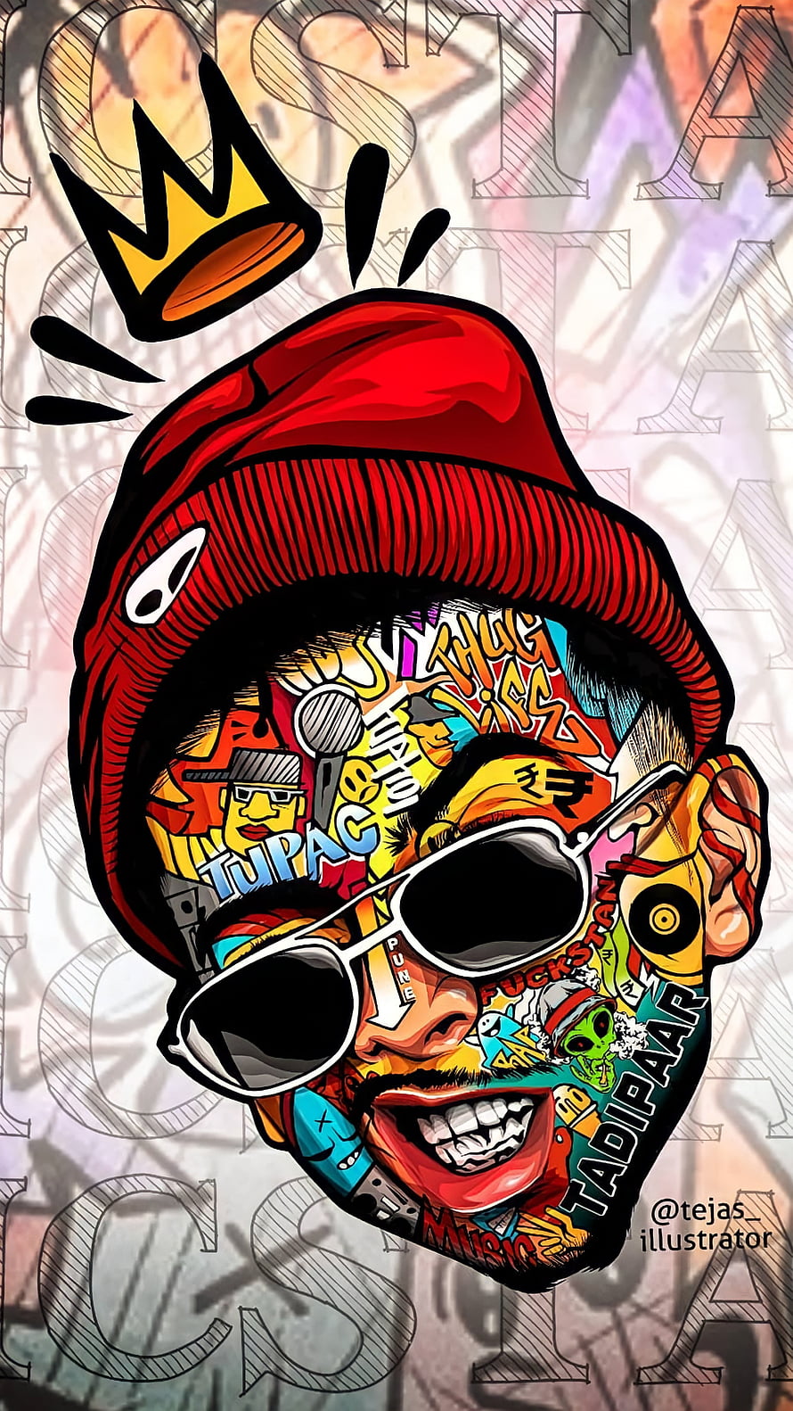 MC Stan Graffiti Portrait Illustration with Red Beanie and Sunglasses HD phone wallpaper