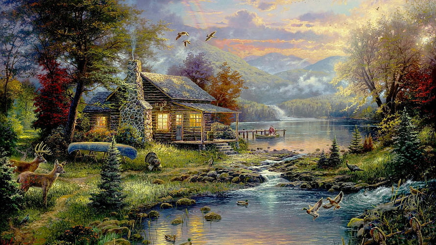Cozy Log Cabin by a Mountain Lake at Sunset with Deer and Birds HD wallpaper