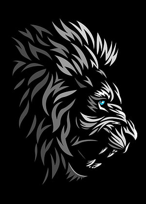 Tribal Lion Head Vector Art with Blue Eye on Black Background HD phone wallpaper