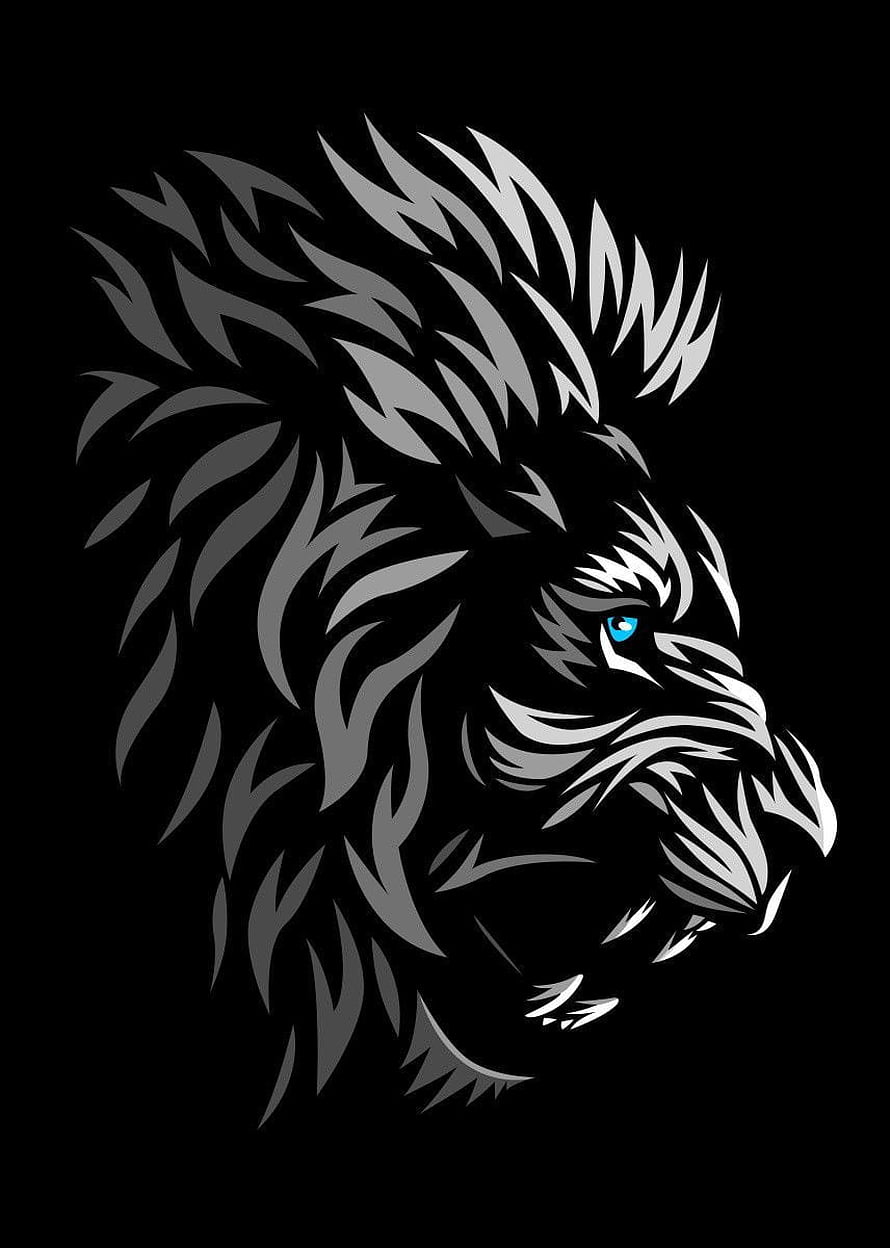 Tribal Lion Head Vector Art with Blue Eye on Black Background HD phone wallpaper