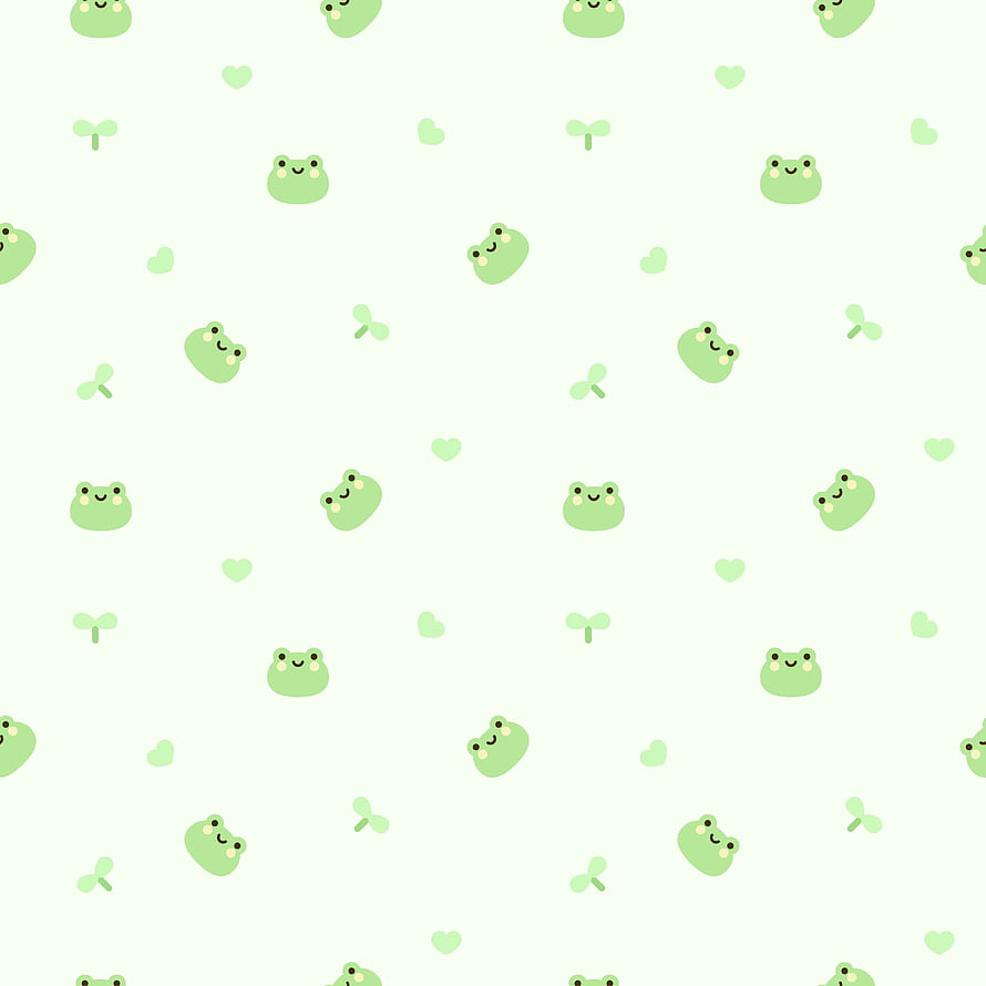Pastel Green Kawaii Frog Pattern with Hearts and Sprouts on Cream Background HD phone wallpaper