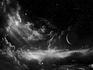 Monochrome Cosmic Sky with Dramatic Clouds and Distant Planet HD wallpaper