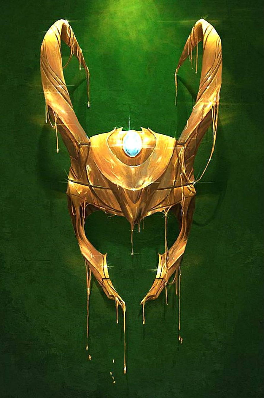 Loki's Golden Horned Helm with Glowing Blue Gem on Dark Green Background HD phone wallpaper