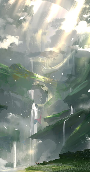 Made in Abyss Floating Islands Waterfall Fantasy Landscape Digital Art HD phone wallpaper