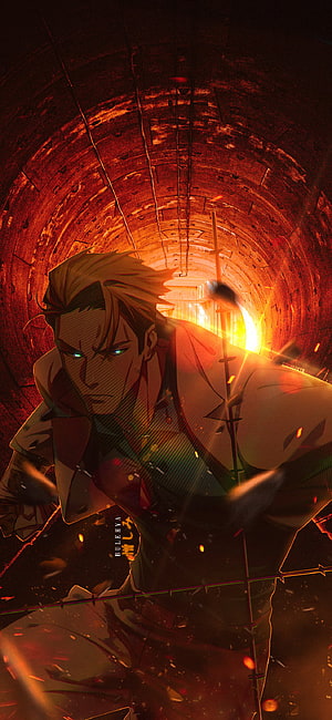 Kento Nanami Jujutsu Kaisen Anime Character in Fiery Tunnel with Glowing Eyes HD phone wallpaper