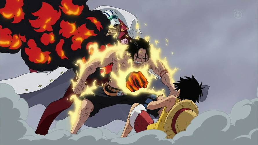 One Piece: Ace and Luffy in Intense Battle with Akainu Amidst Flames and Smoke HD wallpaper