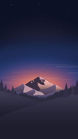 Minimalist Flat Design Mountain Landscape at Night with Starry Sky and Pine Forest HD phone wallpaper