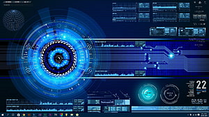 Futuristic Blue Holographic Dashboard Interface with Circuit Board Elements HD wallpaper