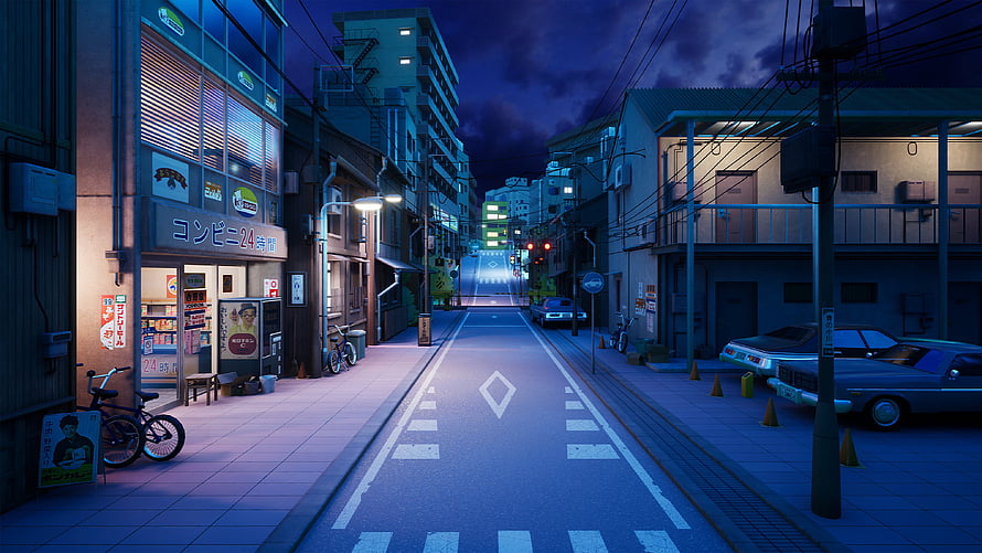 Illuminated Japanese City Street at Night with Convenience Store and Parked Cars HD wallpaper
