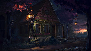 Cozy Fantasy Cottage at Night with Lantern Light and Autumn Trees HD wallpaper