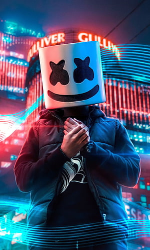 Marshmello DJ in Neon Cyberpunk City with Iconic White Mask and Puffer Jacket HD phone wallpaper