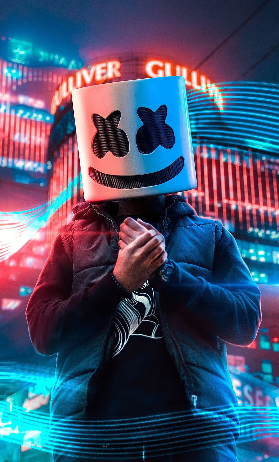 Marshmello DJ in Neon Cyberpunk City with Iconic White Mask and Puffer Jacket HD phone wallpaper