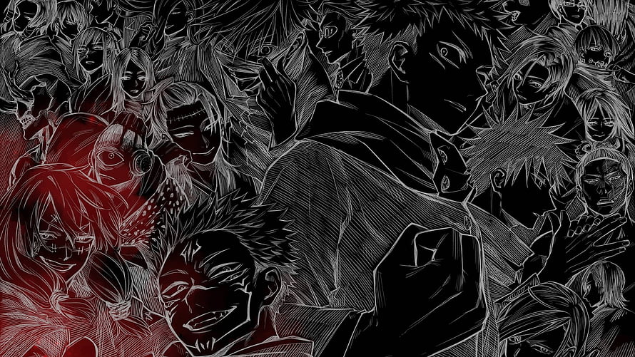 Jujutsu Kaisen Character Ensemble in High-Contrast Black and Red Ink Style HD wallpaper