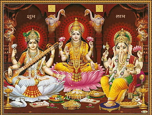Maa Lakshmi with Saraswati and Ganesha in Traditional Indian Temple Art HD wallpaper