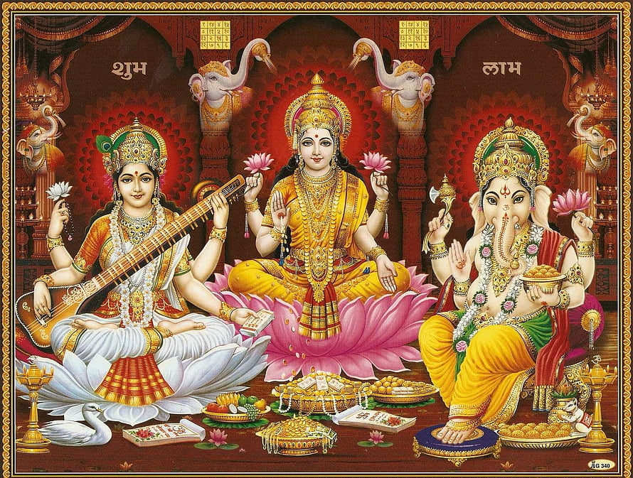 Maa Lakshmi with Saraswati and Ganesha in Traditional Indian Temple Art HD wallpaper