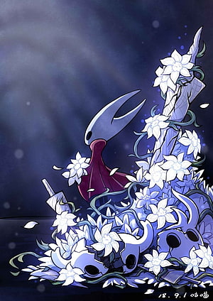 Hollow Knight Silksong Hornet Character Art with White Flowers and Dark Blue Background HD phone wallpaper