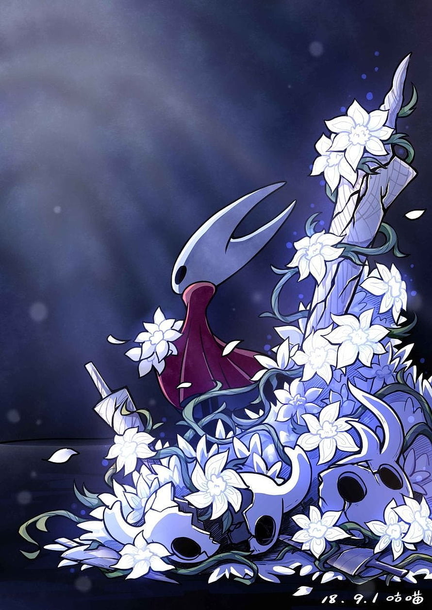 Hollow Knight Silksong Hornet Character Art with White Flowers and Dark Blue Background HD phone wallpaper