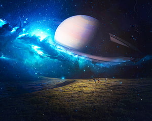 Ethereal Ringed Planet Over a Starlit Alien Landscape with Distant Figures HD wallpaper